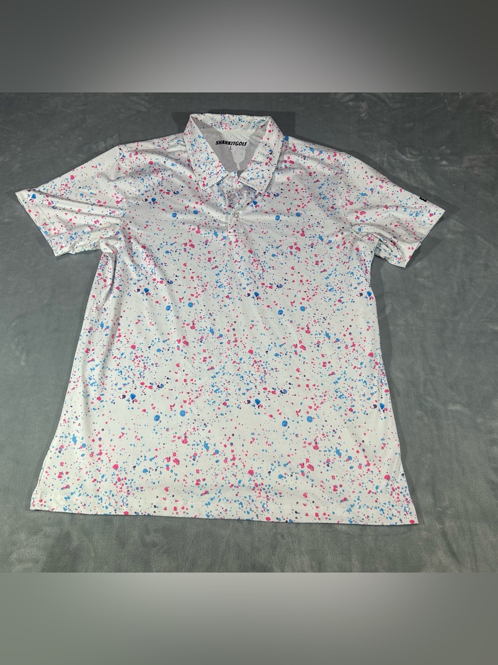 SHANKITGOLF Men’s Polo Shirt White Pink Blue Splatter Logo Button Size L